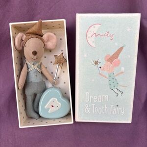 Maileg Tooth FAIRY Mouse Little Brother in Dream Match Box blue Heart Tooth Box